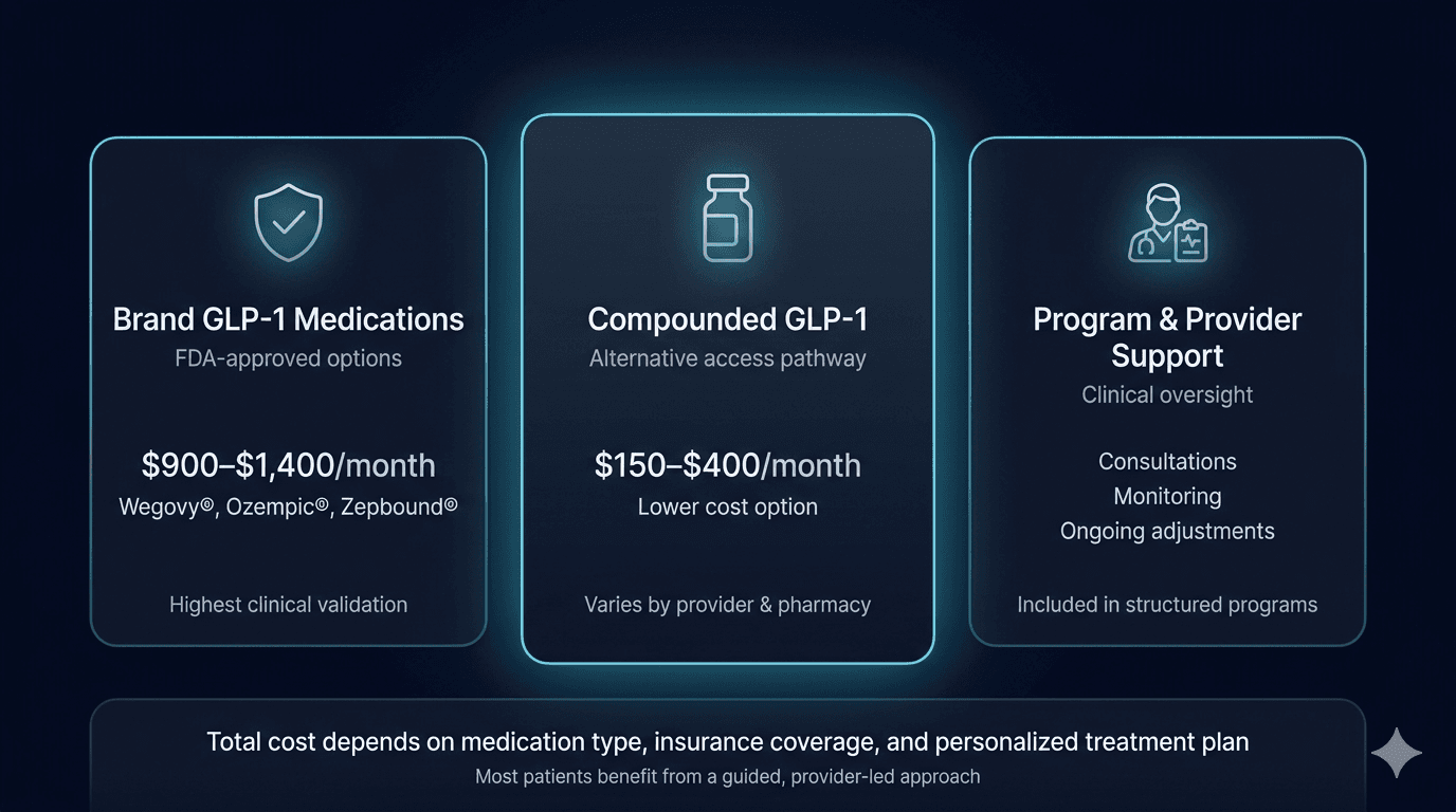 GLP-1 medication cost comparison including brand versus compounded pricing and program support
