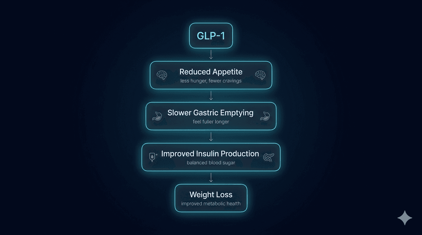 How GLP-1 medications work to reduce appetite, slow gastric emptying, improve insulin production, and support weight loss